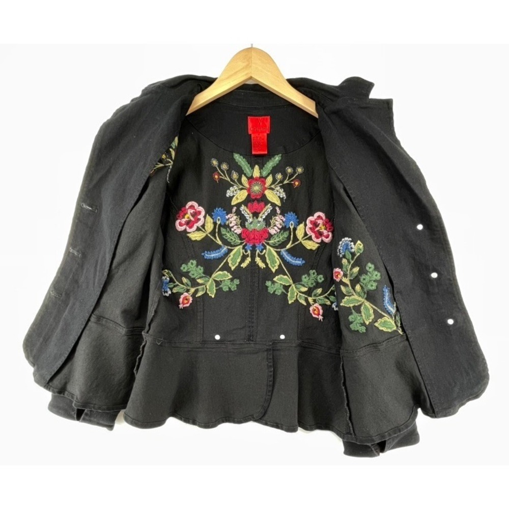 V Cristina Women's M Black Floral Embroidered Denim Jacket Whimsigoth Boho Chic - Picture 12 of 16